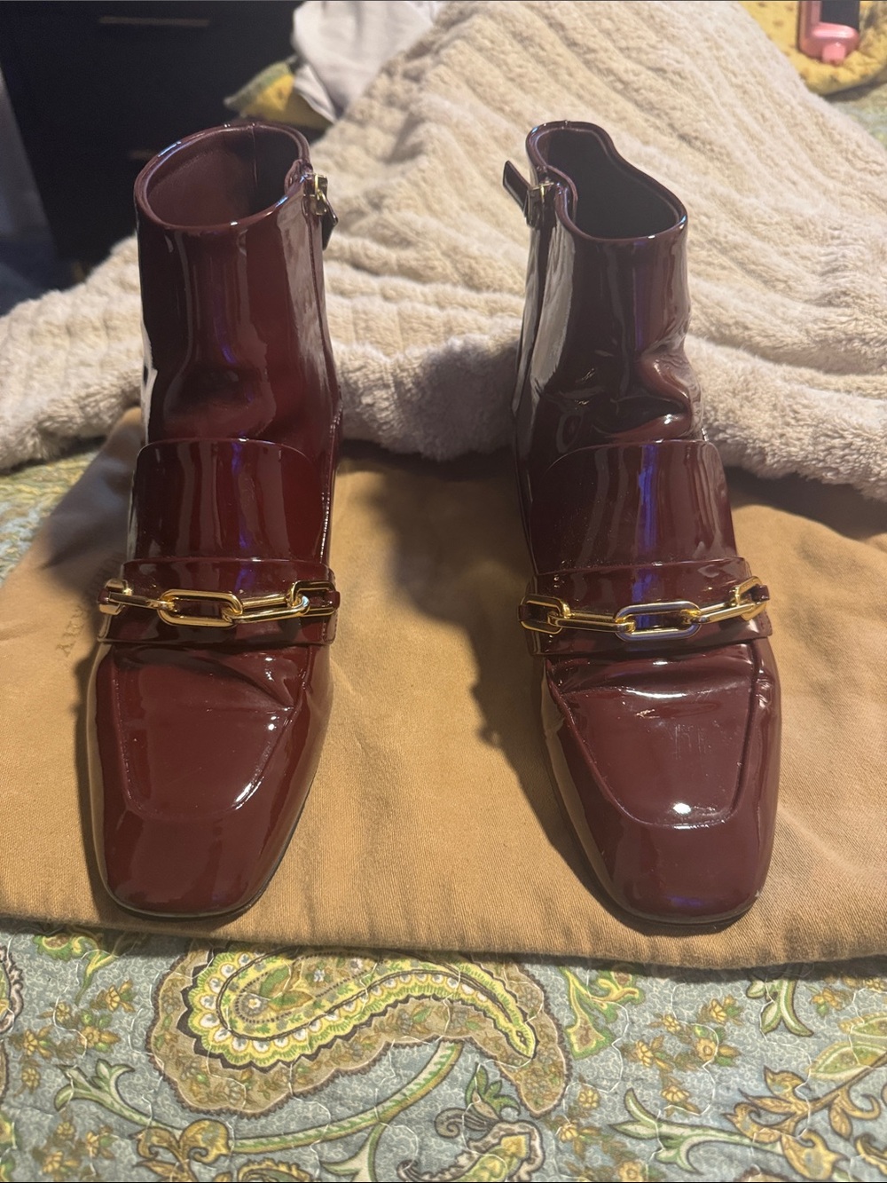 Burberry Burgundy Patent Leather Ankle Boots with Gold Chain